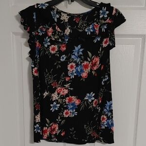 Doe & Rae Black Floral Blouse Sz Small Shoulder Sleeve EUC